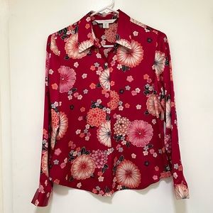 Petite Sophisticate Red Floral Silk Blouse, Size 6